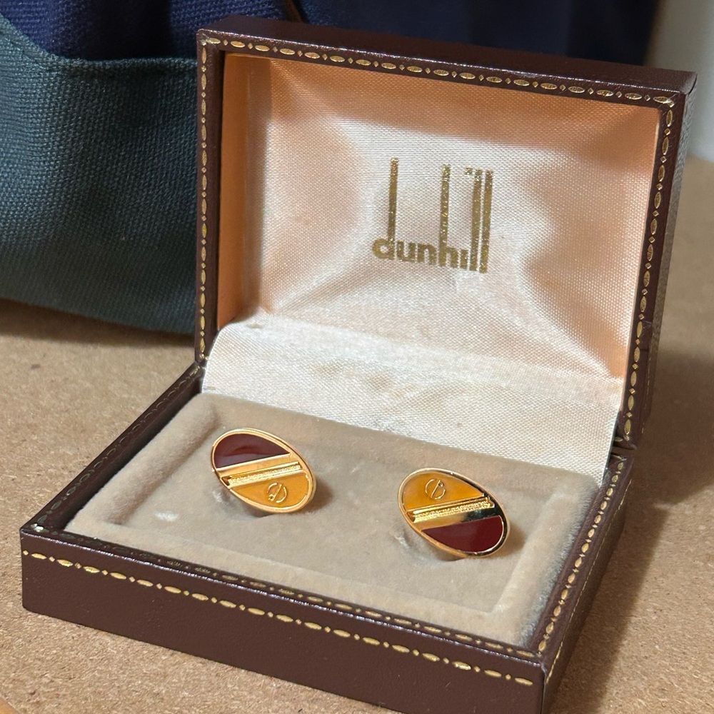 Vintage Dunhill London Cufflinks Burgundy Enamel Gold Tone Oval Boxed Preppy